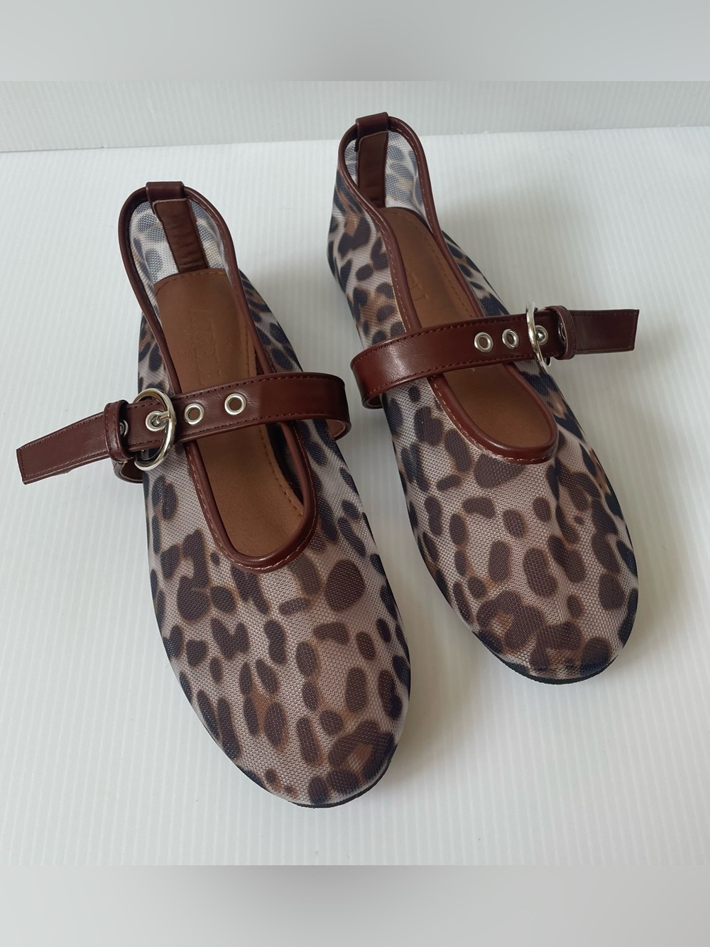 Atbell Leopard Mesh Mary Jane Flats Sheer Ballet Flats Buckle Size 6.5 37